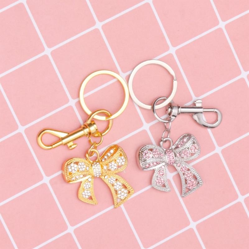 Metal Bowknot Keychain with Sparkling Rhinestones Elegant Gift for Women Fashionable Keyring Pendant