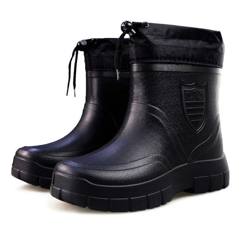 

Men s velvet rain shoes white autumn and winter light waterproof shoes medium top thick-soled cotton rain boots short tube warm water shoe cover 45 one size smaller
