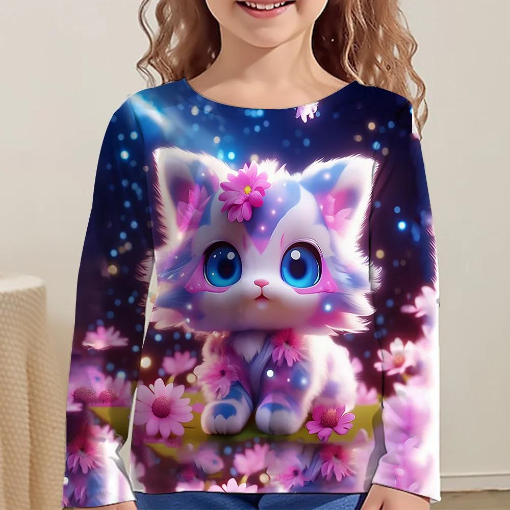 3D Cat Graphic T Shirts Autumn Clothing for Girls O-Neck Streetwear Top Long Sleeve T-Shirt Cartoon Animal Children's T-Shirts
