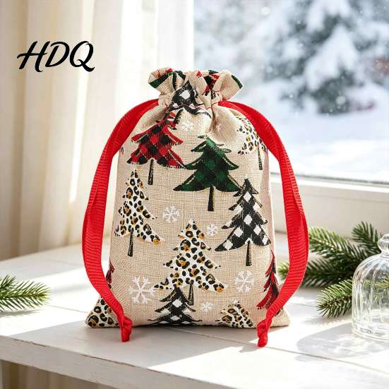 Reusable Holiday Bags Christmas Tree Print Drawstring Gift Bags Faux Linen Xmas Treat Bag Wrapping Candy & Apple Storage Pouch for