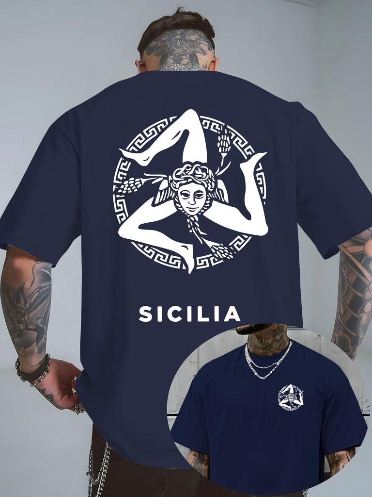 T-shirt Graphique Vintage Sicilia Trinacria Symbolique pour Homme Coton Respirant Parfait pour l'Été Streetwear et Ambiance Culturelle Italienne