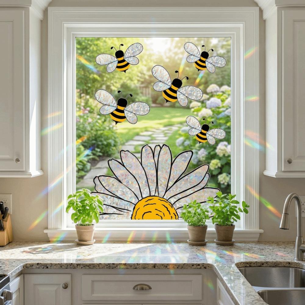 Removable Bee Glass Sticker Waterproof Sunflower Wall Decals Art Bee Window Stickers  Living Room