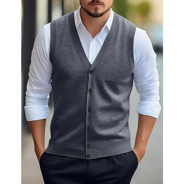 Men's Casual Vest Solid Color Sleeveless Four Seasons Wool Knitted Cardigan Men's Vest