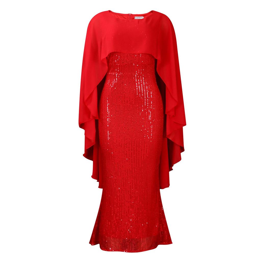 European & American Women's Spring Chiffon Cape Sequin Long Skirt Party Dress