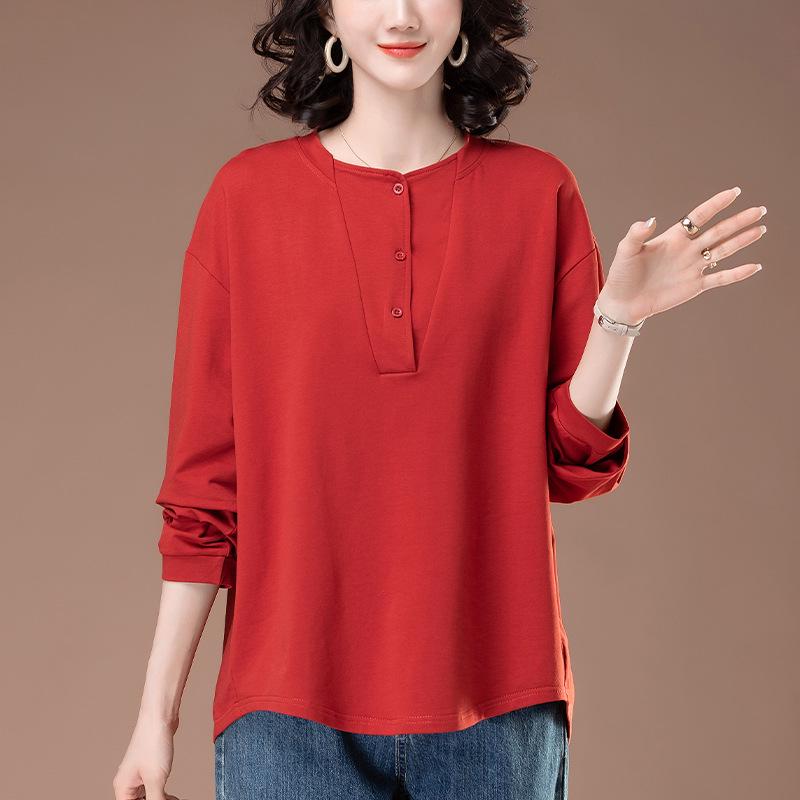 Middle-Aged Women's Plus Size Long-Sleeve Cotton Shirt - Loose Fit, Belly Cover, Ideal for Spring & Autumn (Style 6322)