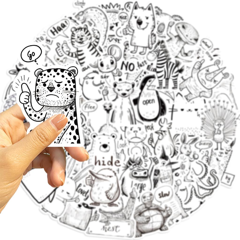 50 Cartoon Black and White Vertical Thumb Animal Doodle Sticker Decorative Guitar Notebook Suitcase DIY Waterproof