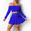 Women Long Sleeve Set Solid Color Casual Outfit Strapless Pleated Skirt Suit