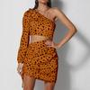 Hottie Sexy Slanted Shoulder Single Sleeve Leopard Print Waist Hollow Fashion Hip Dress