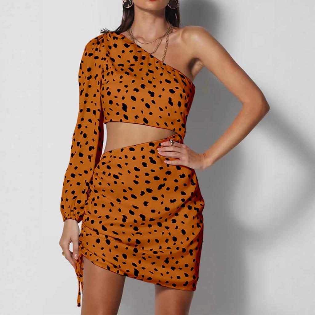 Hottie Sexy Slanted Shoulder Single Sleeve Leopard Print Waist Hollow Fashion Hip Dress