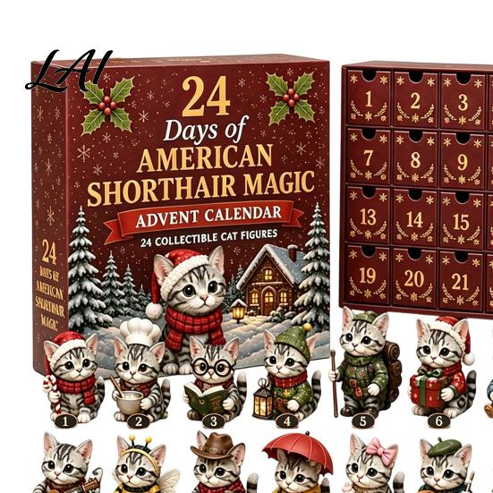Desktop Decorative Advent Calendar Days Christmas Figurines 24 with Acrylic Cat Figurines, Countdown Small
