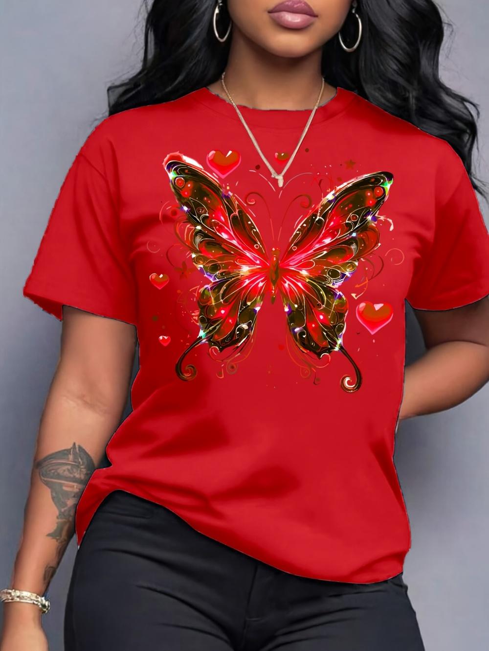 Vintage Butterfly and Flower Fashion Print Women s Short Sleeve T-Shirt Summer Tops Holiday Casual Tee Shirt Women s Clothing S