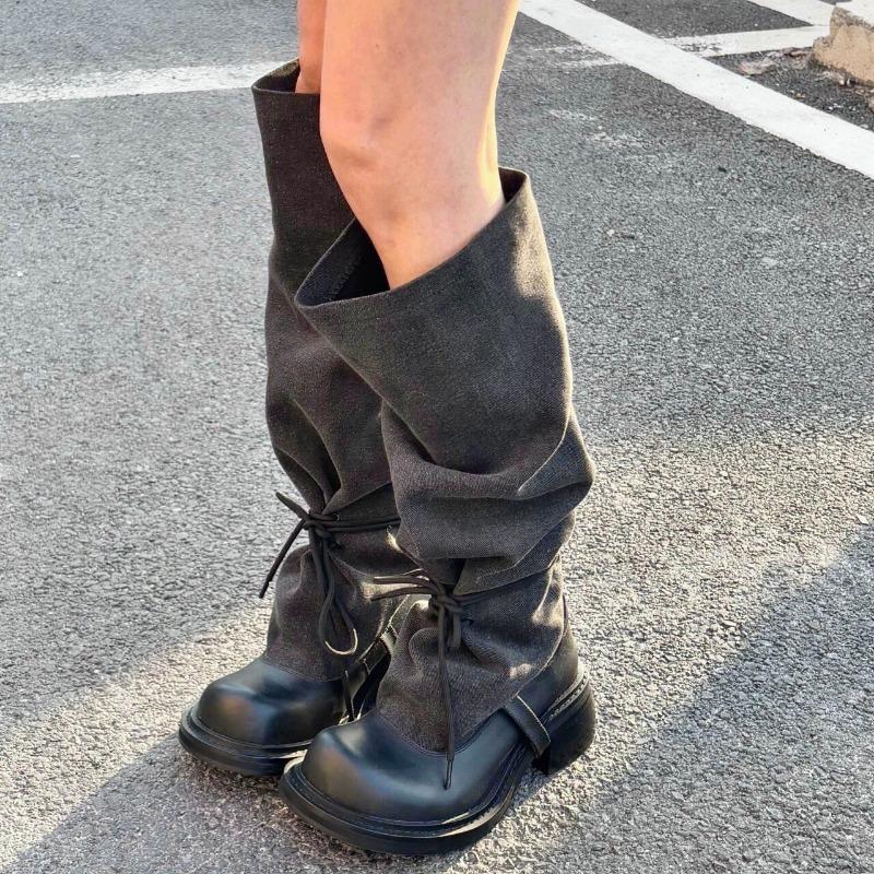 

Niche design fashionable long boots summer new retro Spice Girls stacking boots thick heel thin knight boots 35 чёрный