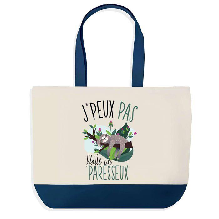 Tote bag - PLANETEE - J'peux pas Paresseux - Fond bleu - Coton 40x45 cm - Grand format