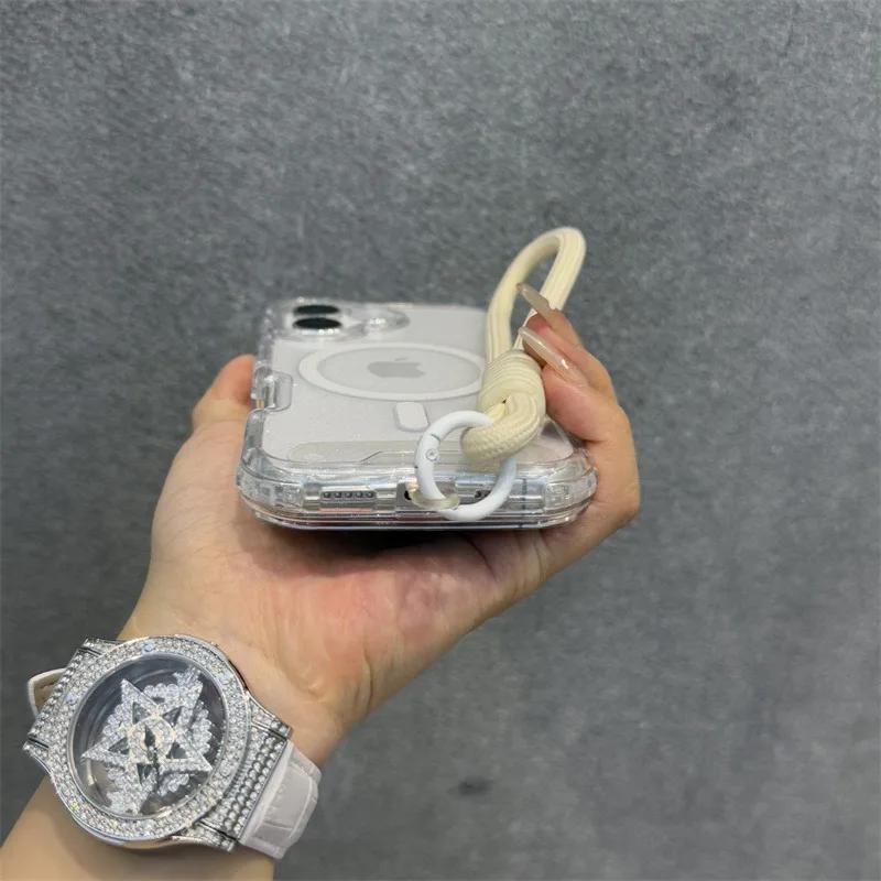 Třpytivé pouzdro s popruhem na zápěstí pro iPhone 16 1 14 Pro Max Plus 11 12 13 Magnetický řemínek Průhledný Bling kryt