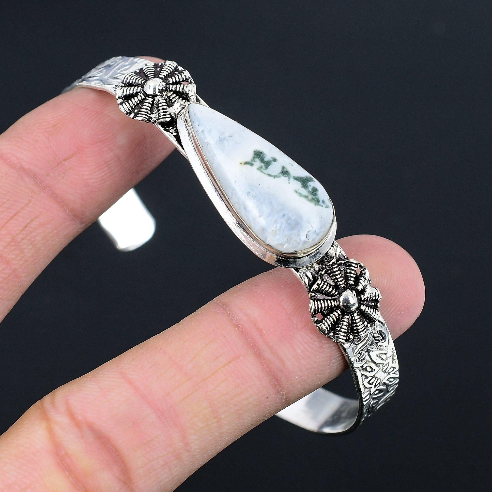 

Womens day Sale Natural Tree Agate Daughter Bangle Jewelry 925 Sterling Silver Adjustable