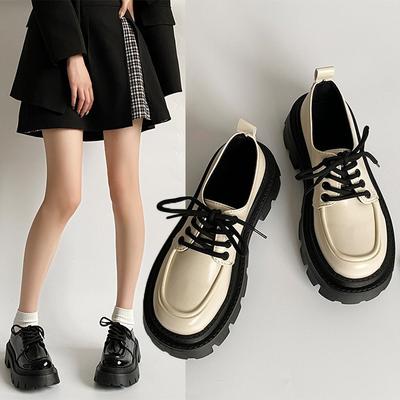 White Retro French Lace-up Small Leather Shoes Women's  Spring New Thick-soled Thick-heeled Loafers