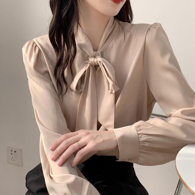 White shirt long sleeve bow top women's autumn 1116 new temperament design sense niche shirt