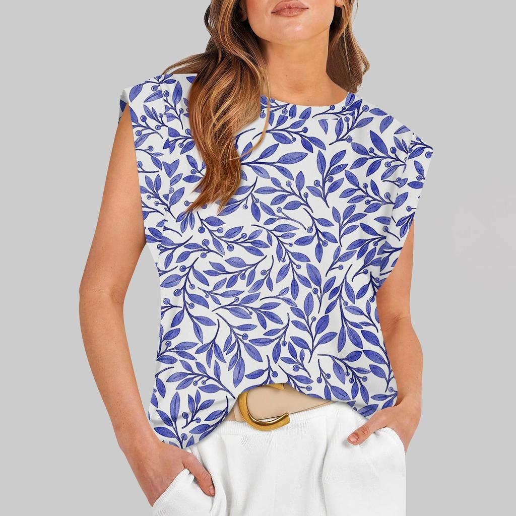 Ärmelloses Sommer-Oberteil mit Rundhalsausschnitt und Aufdruck für Damen, lässig, trendig, Basic, trendig, süßes T-Shirt mit Flügelärmeln