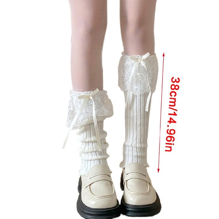 Women Aesthetic Ribbed Knit Stretch Leg Warmer Japanese Boot Cover Sweet Ruffled Lace Trim Bows Leg Sleeve Long Socks