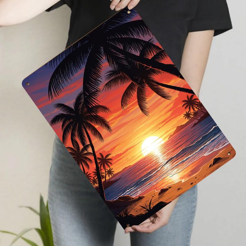 Tropical Sunset Coconut Tree Beach Metal Wall Art Home Decor Living Room Bedroom Modern Hanging Painting 20x30cm（7.8x11.8inch）