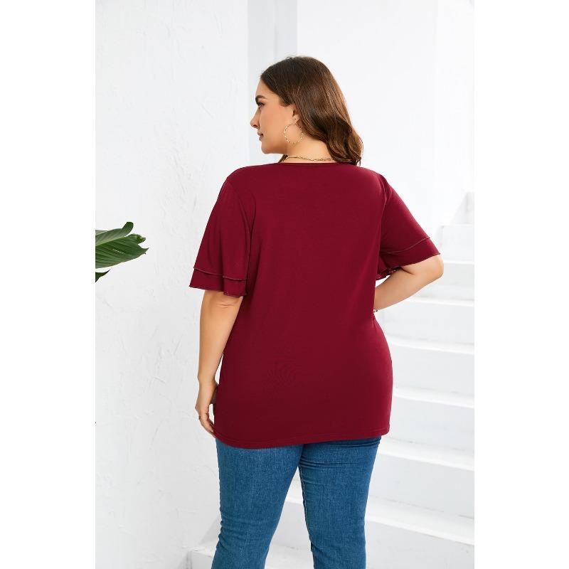 Dámské letní tričko plus size krajkové s výstřihem do V jednobarevné tričko s krátkým rukávem top