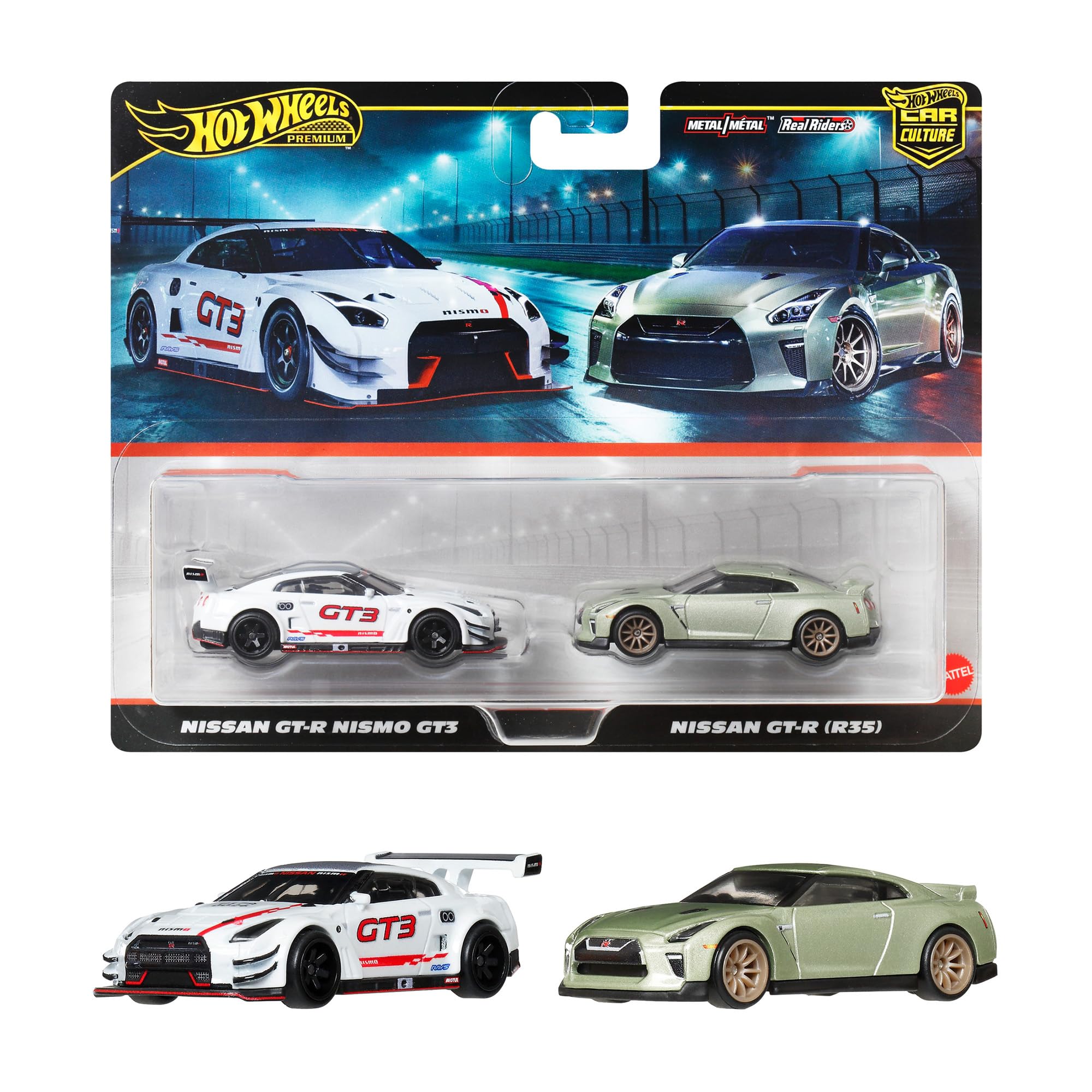 

Hot Wheels Premium 2-Pack Nissan GT-R Nismo GT3 / Nissan GT-R (R35) Vehicle Model Cars for Ages 3 and Up, Multi-Purpose, JBL05