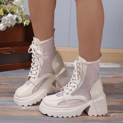 Summer New Fashion Thick High Heels Platform Cross-tied Sewing Cut Out Mesh Genuine Leather Women Ankle Short Modern Boots 2304