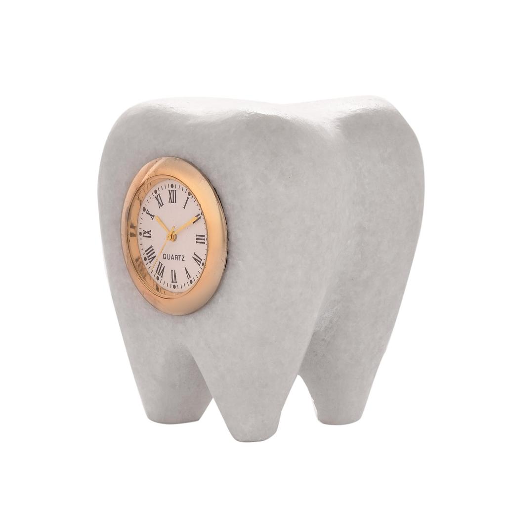 Marble Tooth Shape Table Clock for Dentist | Handmade Dental Clinic Desk Clock | Quartz Marble Clock for Doctor Office, Clinic & Gift | Size 6×4×7 cm