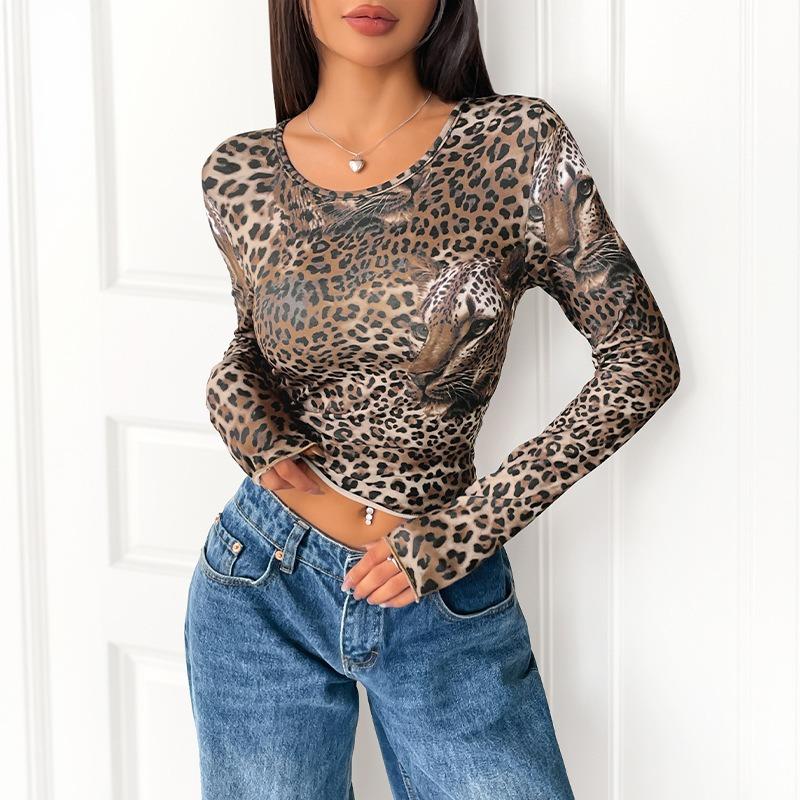YYFS Women's Fashion Casual Spring Autumn Leopard Print Long Sleeve O-Neck Blouses & Shirts