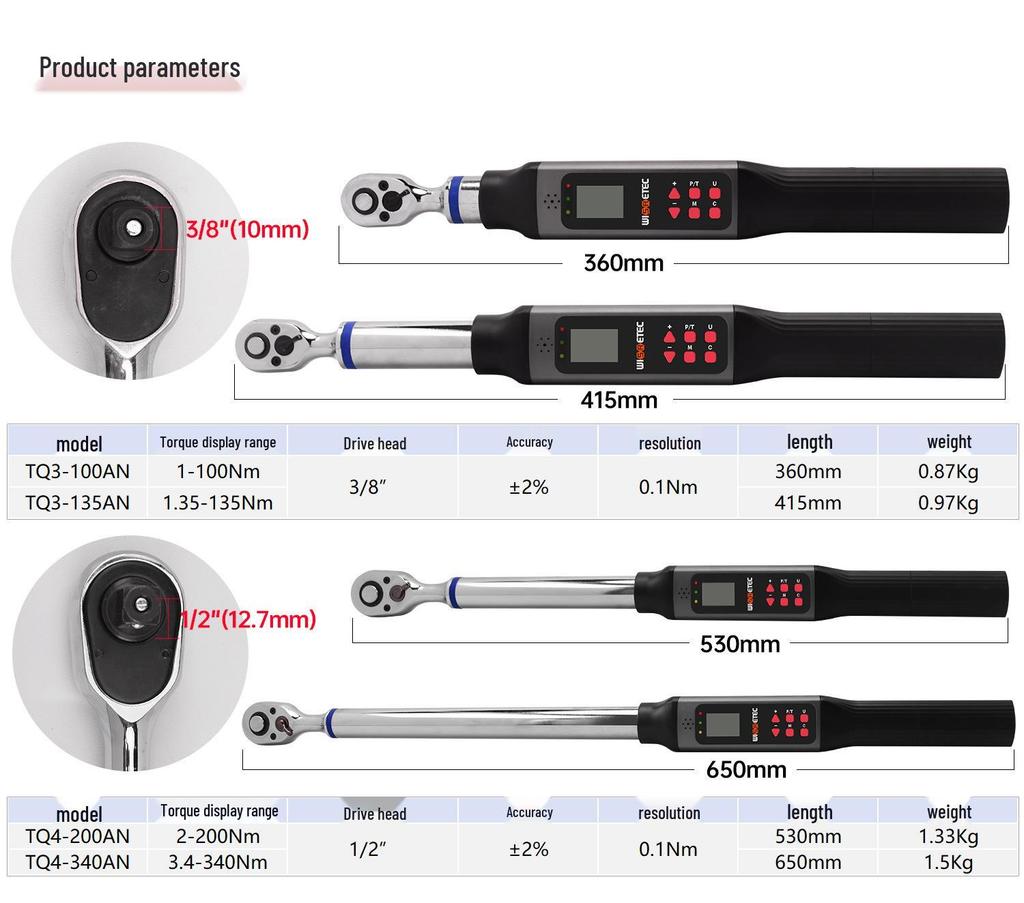 High-Precision Digital Torque Wrench, 0.06-340Nm, Adjustable, with Electronic Display