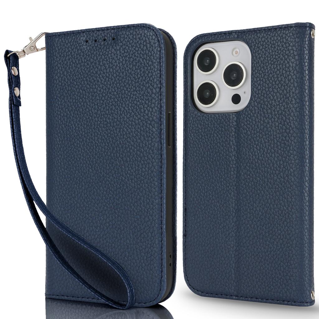 Pouzdro s podstavcem pro iPhone 13 Pro Max/12 Pro Max Kožený vyklápěcí kryt na telefon s texturou litchi se šňůrkou/peněženkou