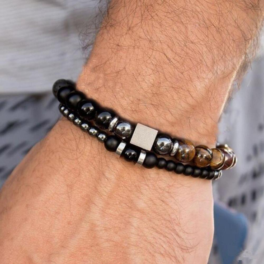 Black Matte Copper Inlaid Zirconium Diamond Ball Flying Saucer Long Bracelet Bracelet Set Wholesale Men's Woven Bracelet