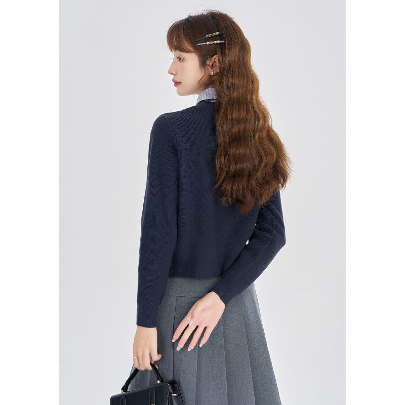 College Style Knitted Shirt Collar Splicing Fake Two-piece Top Women's Spring New Cardigan Sweater Jacket