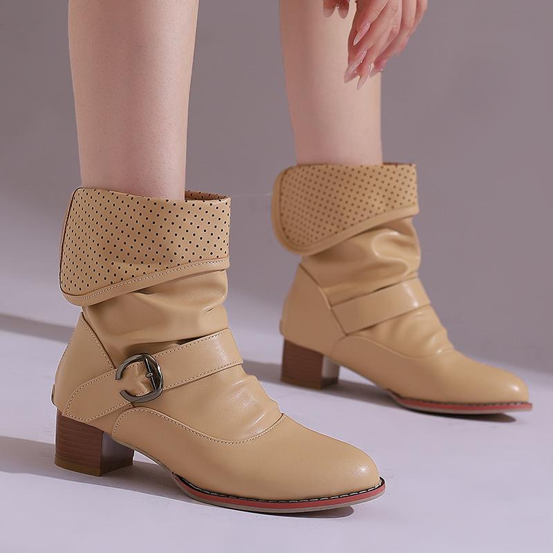 Fashion 2025 Autumn Winter Ladies Short Boots Belt Buckle Decorated Cowboy Boots Square Heel Thick Sole Non-Slip Outdoor Boots Travel
