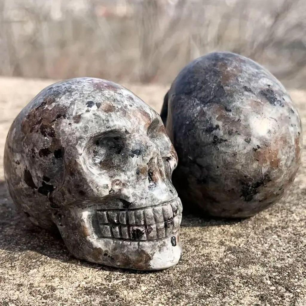Crystal Carved Skull Flame Stone Statue - Halloween Horror Ornament Collection