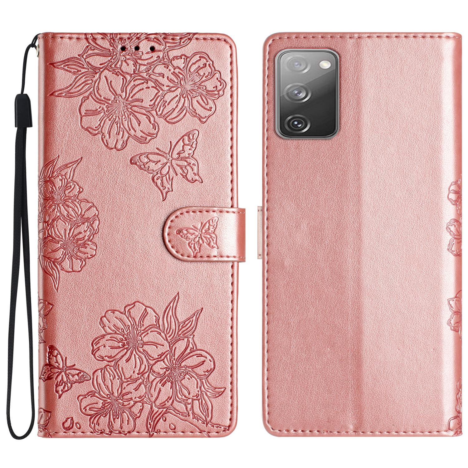 

For Samsung Galaxy S20 FE/S20 FE 5G/S20 FE 2022/S20 Lite Case Sakura Butterfly Imprint Leather Wallet Phone Cover Rose Gold