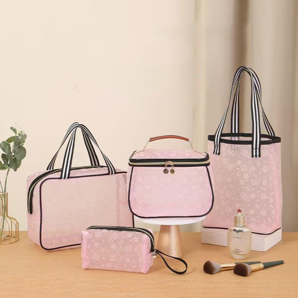

Translucent Travel Storage Bag Large Capacity Toiletry Bag New Mesh Makeup Bag Pink--S