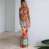 Women's V-neck Lace Up Vest Half Skirt Two-pieces Set Summer New Set Printed Beach Vacation Style Slim Fit Temperament Women's Vest Skirt Sets