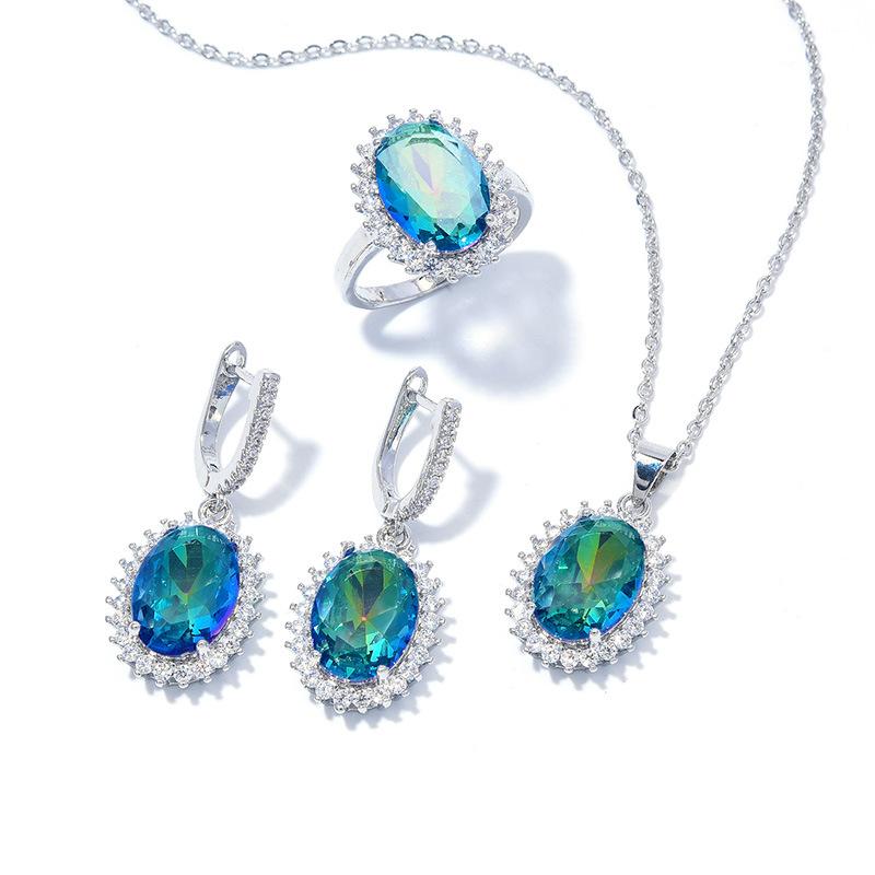 Explosive Oval Zircon Set Super Flash Ring Earrings Necklace Jewelry Set