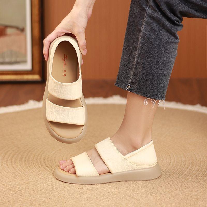 Women's Flat Sandals, Leather Cowhide Breathable Beach Shoes, Women's Straight Line Fish Mouth Sandals