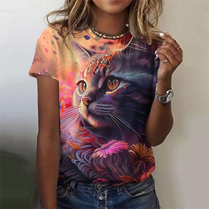 Cat pattern women's T-shirt animal 3D printing T-shirt summer casual round neck short sleeved T-shirt top Harajuku women's clothing