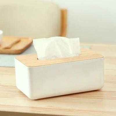 Taschentuchbox aus Kunststoff mit Holzdeckel, runder/quadratischer Serviettenhalter, Behälter für Feuchttücher, Spenderetui, moderner Organizer für Zuhause und Auto