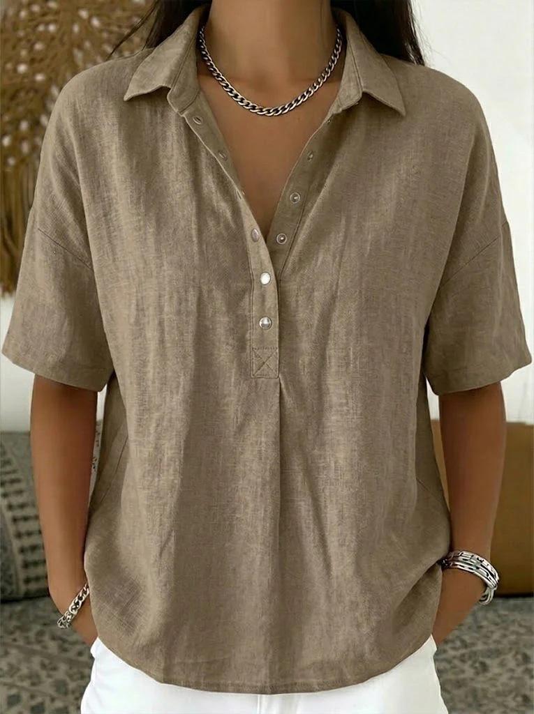Women's Linen Blend Shirt Casual Short Sleeve Button-Down Loose Fit Blouse Tops