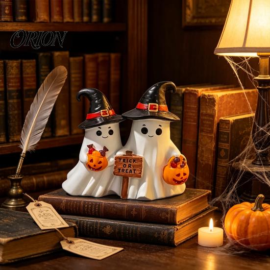 Halloween Mantel Countertop Decor Ghost Figurine, Cute Spooky Resin Statue with Retro Table Decorations Witch Hat for Table, Tiered Tray, Kitchen,