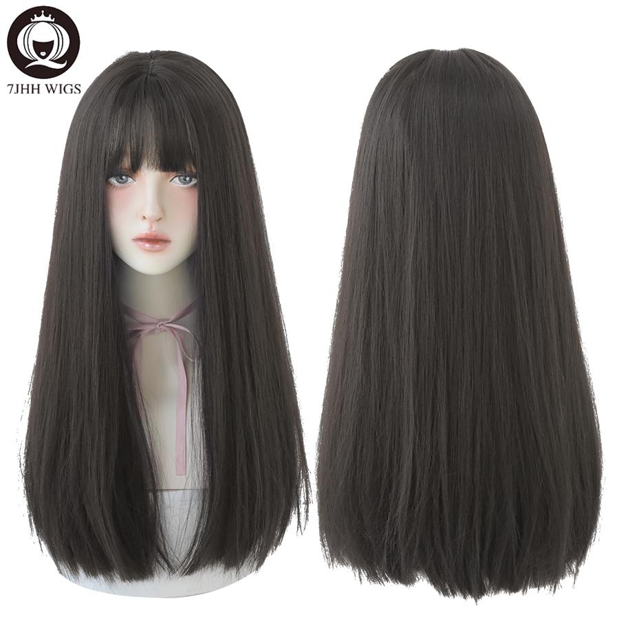 7jhhwigs Long Straight Synthetic Light Brown Wigs With Bang For Women Heat-resistant Daily Use Hair  Sell Whole Wigs