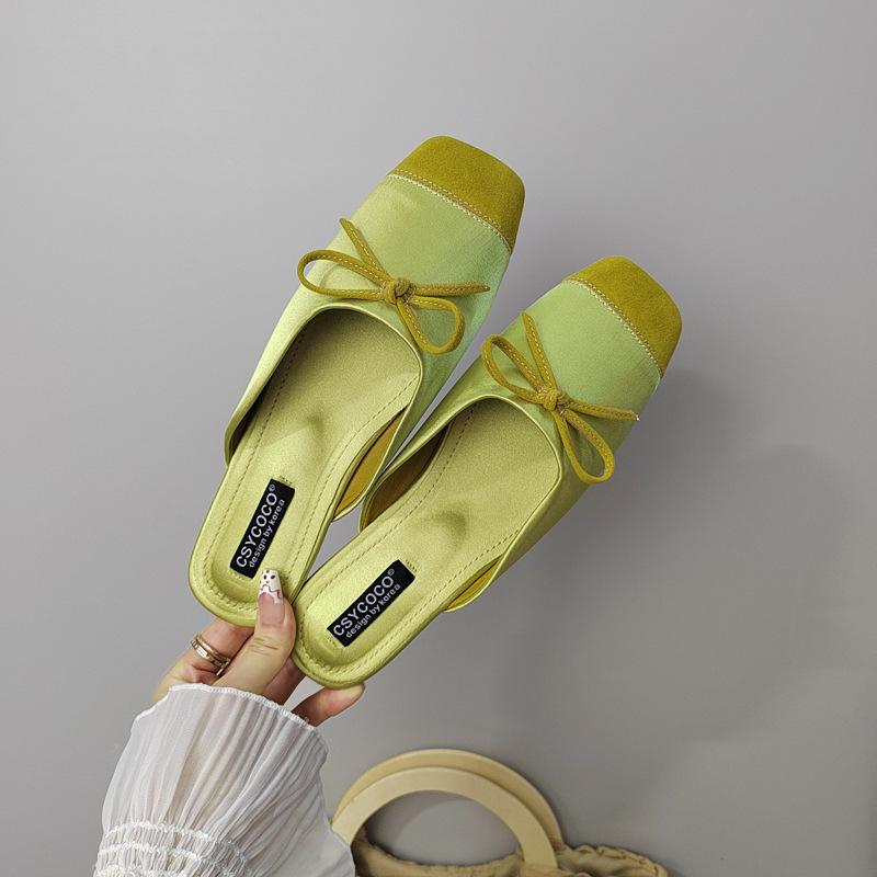 Wind Color Matching Dopamine Candy Color Flat-bottomed Slippers French Age-reducing Bow Fairy Satin Bag Head Slippers