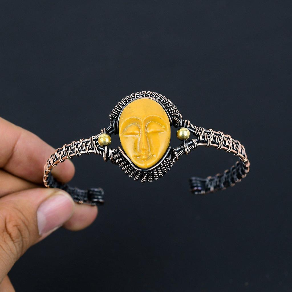 Praying Lady Carved Bone Face Handmade Latest Design Jewelry Bangle, 999 Copper Wire Wrapped Gemstone Bangle, Gift For Sister