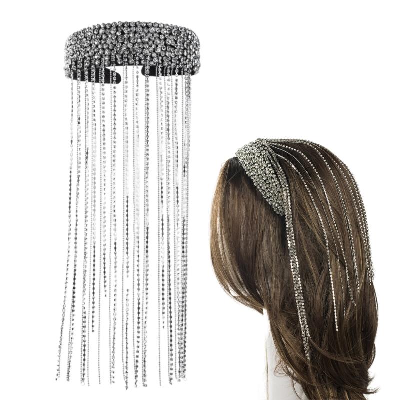Sparkling Rhinestones Tassels Headband Crystal Headwear with Flowing Fringes Headwear for Parties and Performances