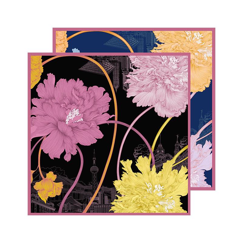 Double-Sided Pure Silk Scarf - Large Square with Multi-Color Digital Prints for Women 86x86 CM