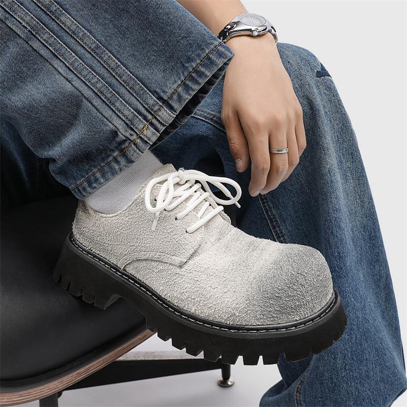 Fashion 2025 Unisex Style Nubuck Suede Leather Round Toe Thick Bottom Platform Men Pumps Solid Color Lace Up Western Casual Derby Shoes